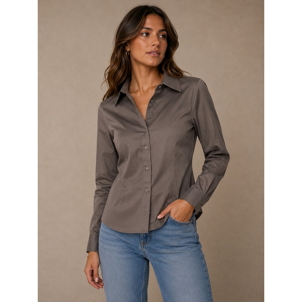 Banana Republic Women Button Down Shirt 4 Brown Non-Iron Fitted Stretch Sateen